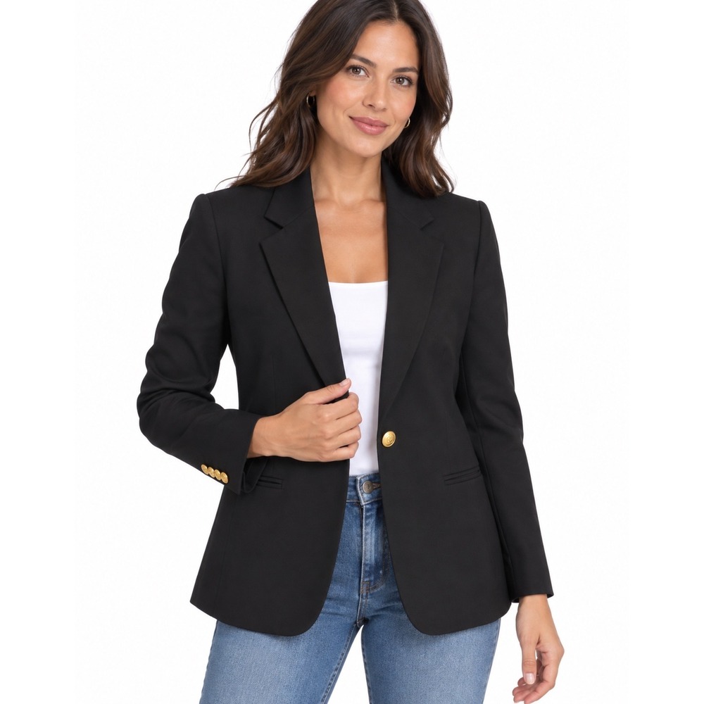 Brooks Brothers Womens Black Single Button Blazer Gold Crest Buttons USA Made 10